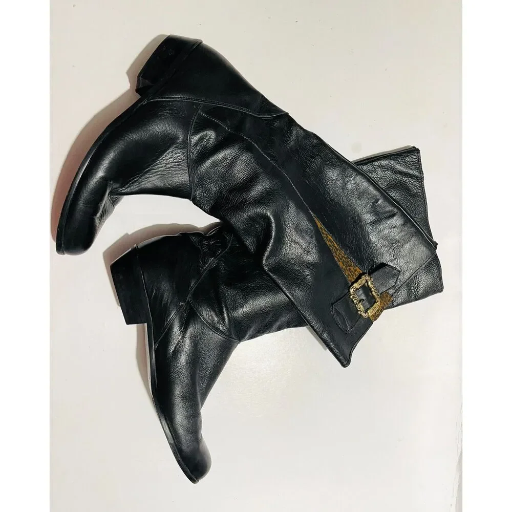 Claud Foam riding leather boots Italy black animal print gold buckle women 10.5